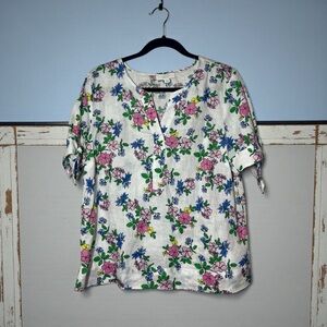 Charter Club Linen Luxury 100% Linen Women's Top Blouse Tie Sleeve Floral Medium